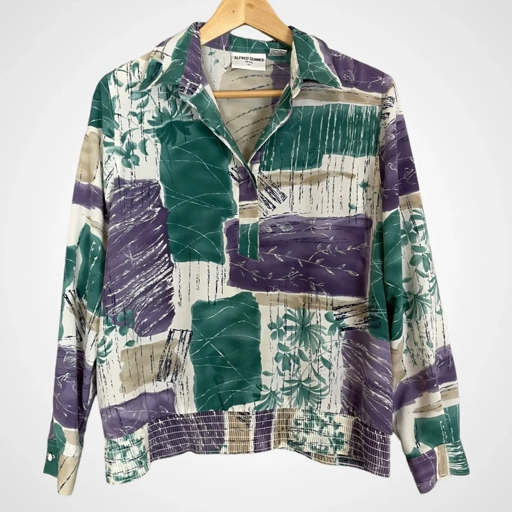 Vintage Blouse Women Abstract Tropical Polo Long Sleeve‎ Collar Shirred Smocked